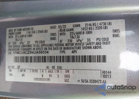 2022 Ford Escape Sel Hybrid z USA, uszkodzony, nr VIN 1FMCU9CZ9NUA59334